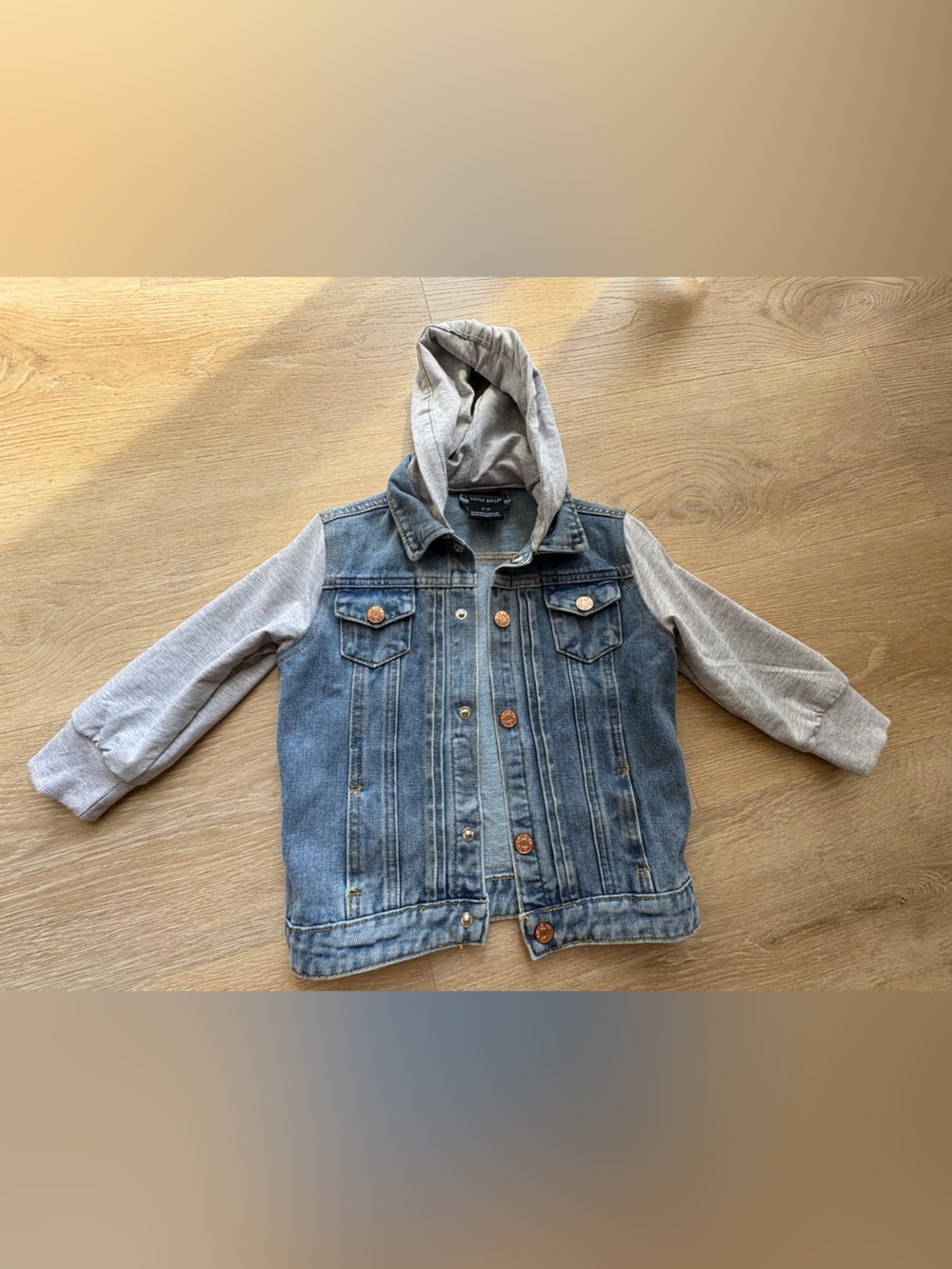 Little Bipsy Blue Denim Jacket with Grey Knit Hood & Sleeves